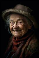 souriant portrait de un vieux Dame avec une chapeau ai généré photo