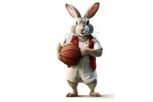 content blanc lapin dans basketball uniforme posant suivant à panier photo