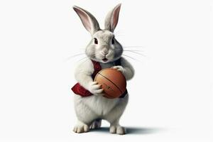 content blanc lapin dans basketball uniforme posant suivant à panier photo
