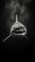 majestueux requin dans noir et blanc sur foncé Contexte génératif ai photo