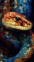 coloré verre serpent sur foncé Contexte génératif ai photo
