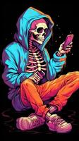 vibrant vêtement de rue squelette en portant cigarette et téléphone intelligent ai généré photo