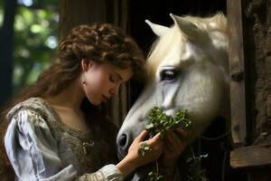 magnifique femme caressant une blanc cheval dans une charmant stable à le coucher du soleil ai généré photo