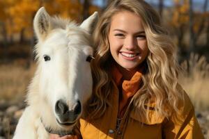 une femme en marchant aux côtés de une magnifique blanc cheval général plan ai généré photo