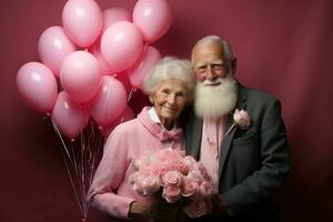 deux personnes âgées Hommes habillé dans rose Vêtements en portant en forme de cœur des ballons ai généré photo