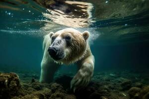 polaire ours plongée Profond dans glacé des eaux dans chercher de nourriture génératif ai photo