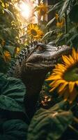 mystérieux cosmique crocodile lionceau explorant rural paysage en haut proche génératif ai photo