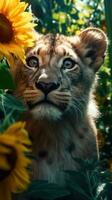 explorant le perdu ancien rural avec une magnifique chatoyant cosmique Lion lionceau dans extrême fermer génératif ai photo