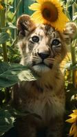 explorant le perdu ancien rural monde magnifique mystérieux chatoyant cosmique Lion lionceau fermer génératif ai photo