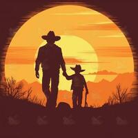 cow-boy chapeau silhouette en portant mains avec enfant dessin animé conception photo