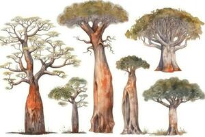 dessiné à la main aquarelle baobab des arbres collection forêt pack de baobab des arbres génératif ai photo