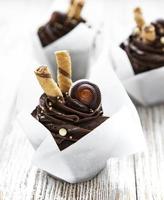 Petits gâteaux au chocolat sur fond de bois blanc photo