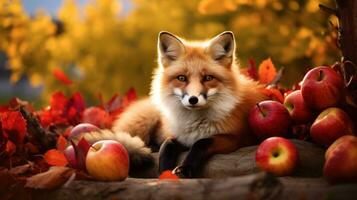 charmant Renard profiter un l'automne Pomme récolte ai généré photo