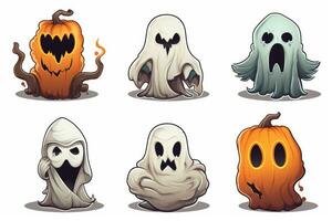 effrayant Halloween autocollants avec macabre des fantômes sur blanc Contexte ai généré photo