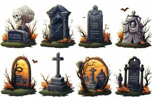 effrayant Halloween autocollants avec pierres tombales sur blanc Contexte ai généré photo