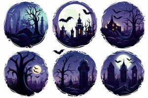 effrayant Halloween autocollants avec éclairé par la lune cimetières ai généré photo