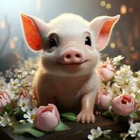mignonne bébé porc avec minimaliste fleurs ai généré photo