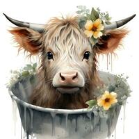 mignonne et content aquarelle bébé montagnes vache avec minimaliste fleur couronne ai généré photo
