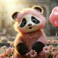 adorable bébé Panda avec rose ballon ai généré photo