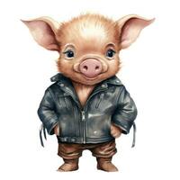 mignonne peu porc aquarelle clipart avec frisé queue et cuir veste ai généré photo