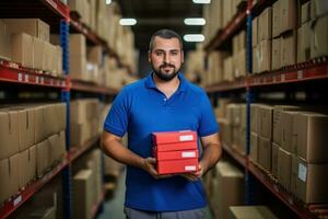 homme dans bleu chemise en portant enveloppe avec rouge des boites ai généré photo