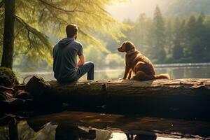 homme séance sur Journal avec chien dans bokeh panorama ai généré photo