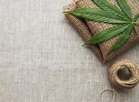 feuilles de cannabis sur le fond textile de chanvre photo