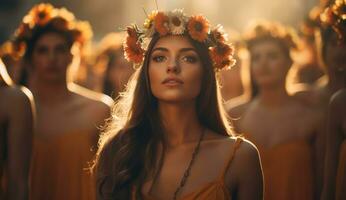 Jeune femme permanent dans de face de foule avec floral couronne ai généré photo