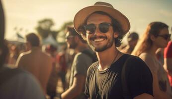 souriant Jeune homme profiter la musique Festival ai généré photo