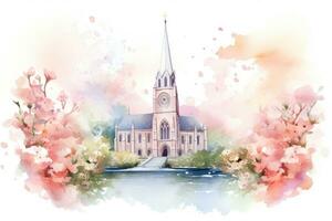 Baptême fête carte avec église aquarelle ai généré photo