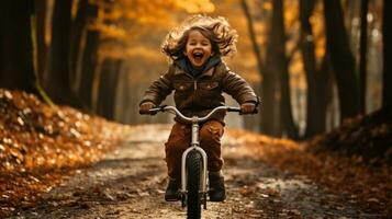joyeux enfant équitation une vélo dans cinématique la photographie ai généré photo