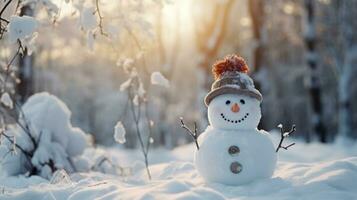 cinématique la photographie de une mignonne bonhomme de neige dans magnifique hiver paysage ai généré photo