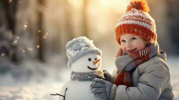 cinématique la photographie de une mignonne bonhomme de neige dans magnifique hiver paysage ai généré photo