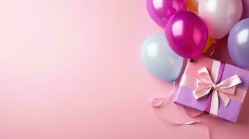 coloré des ballons bouquet lié avec une cadeau boîte ai généré photo