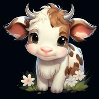 adorable style de bande dessinée clipart de une mignonne bébé vache avec fleurs sur blanc Contexte ai généré photo