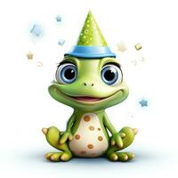 adorable grenouille portant anniversaire chapeau clipart sur blanc Contexte ai généré photo