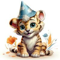 adorable tigre lionceau portant anniversaire chapeau sur blanc Contexte ai généré photo