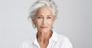 personnes âgées femme dans blanc chemise sur blanc Contexte ai généré photo