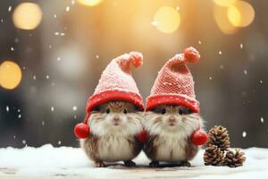 de fête portrait de deux adorable Noël gnomes en jouant dans le neige ai généré photo