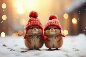 portrait de deux adorable Noël gnomes sur neige ai généré photo