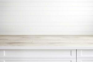 minimaliste blanc cuisine avec flou en bois dessus de la table ai généré photo
