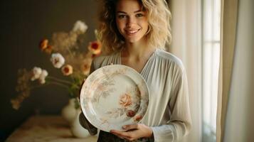 floral à thème peinte à la main assiette sur blanc rustique ai généré photo