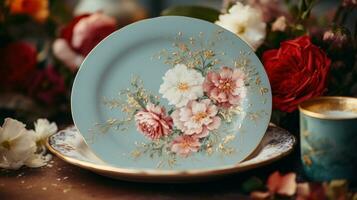 floral à thème peinte à la main assiette sur blanc rustique ai généré photo