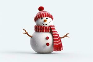 de bonne humeur bonhomme de neige avec rouge chapeau et écharpe dans blanc studio ai généré photo