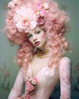 élégant rococo mode portrait avec rose cheveux ai généré photo