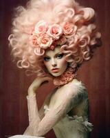 élégant rococo mode portrait avec rose cheveux ai généré photo