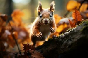 espiègle écureuil sauter de branche à branche ai généré photo