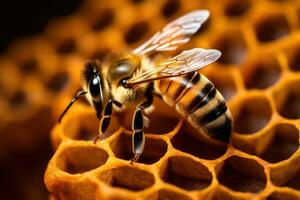 fermer de une abeille sur une peigne ai généré photo