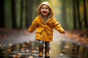 peu fille joyeusement embrassement le pluie dans une coloré imperméable ai généré photo