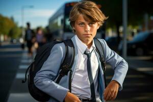 de bonne humeur école garçon avec blanc et bleu école ai généré photo